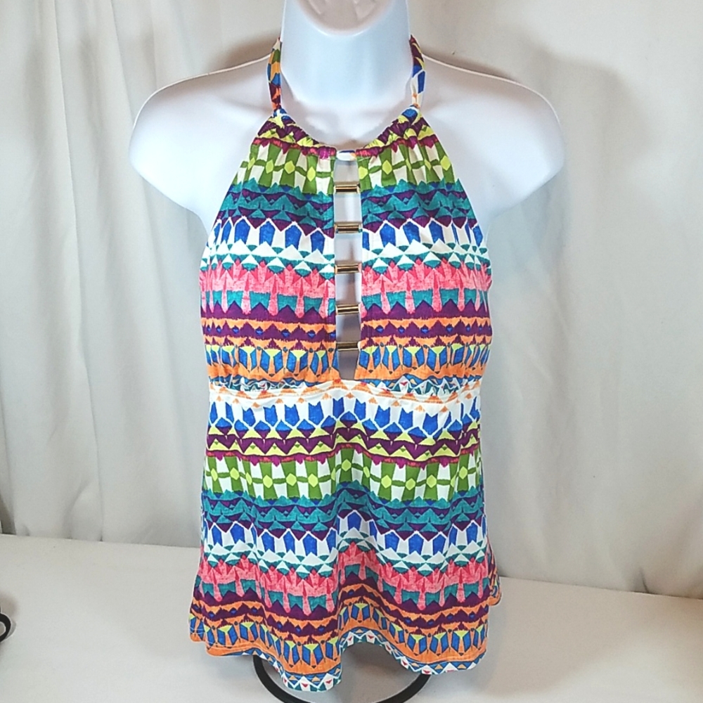 Bamboo Women's Halter Tanktini Multi Colored Geometric Size 12